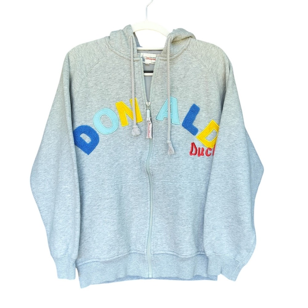 Disneyland Hong Kong Donald Duck Gray Zip Up Hoodie Chenille Patch Medium